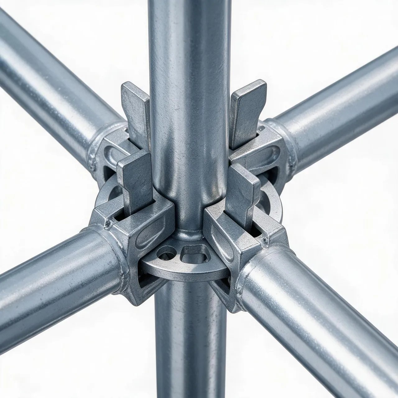 Ringlock scaffolding rosette connection with ledgers and wedge pins