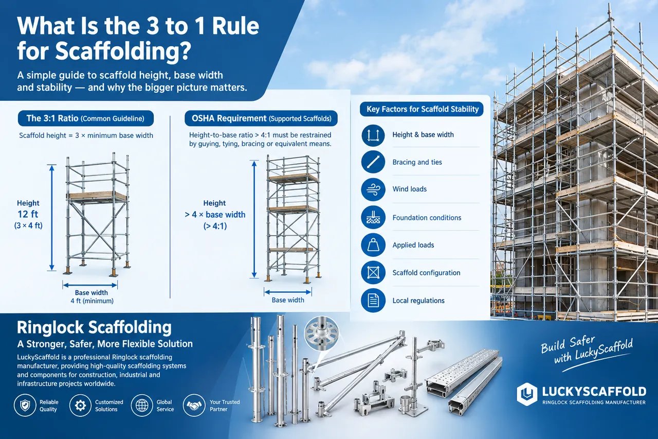 The 3 to 1 rule for scaffolding: scaffold height, minimum base width, the OSHA 4:1 threshold and key stability factors