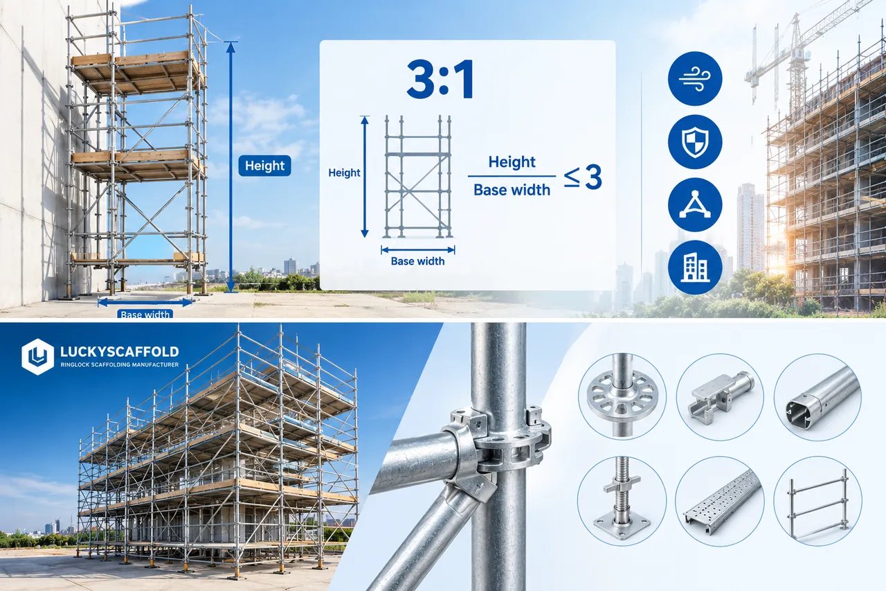Ringlock scaffolding height-to-base ratio, rosette connection and Ringlock components