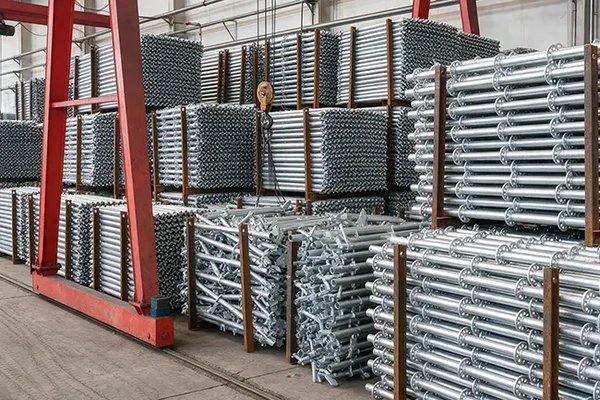 Galvanized ringlock scaffolding standards stored in racks