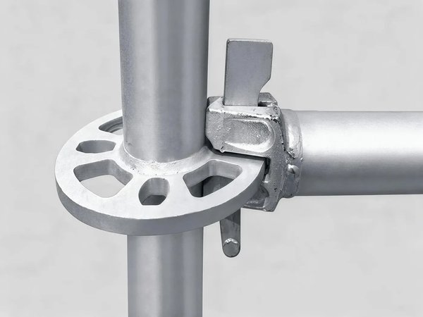 Ringlock rosette and wedge connecting a ledger to a standard