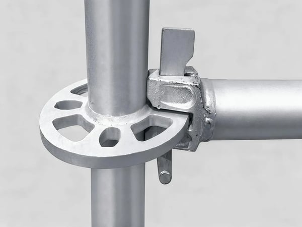 Ringlock rosette and wedge connecting a ledger to a standard