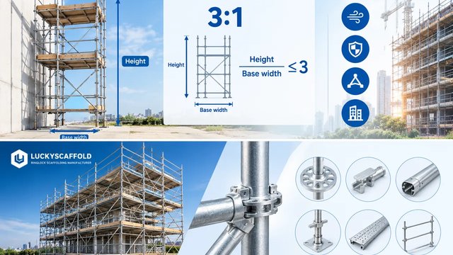 Ringlock scaffolding height-to-base ratio, rosette connection and Ringlock components