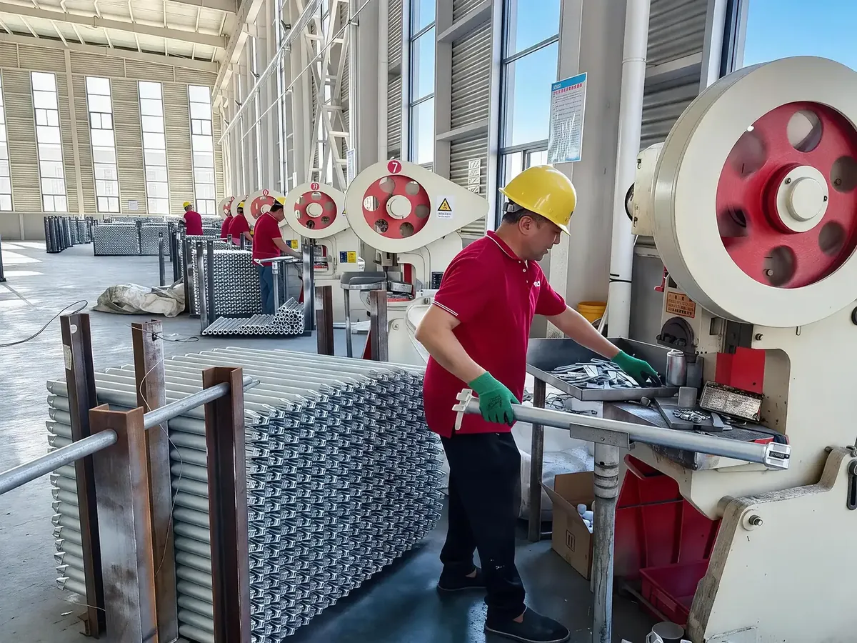 Worker punching ringlock scaffolding ledgers on a press line