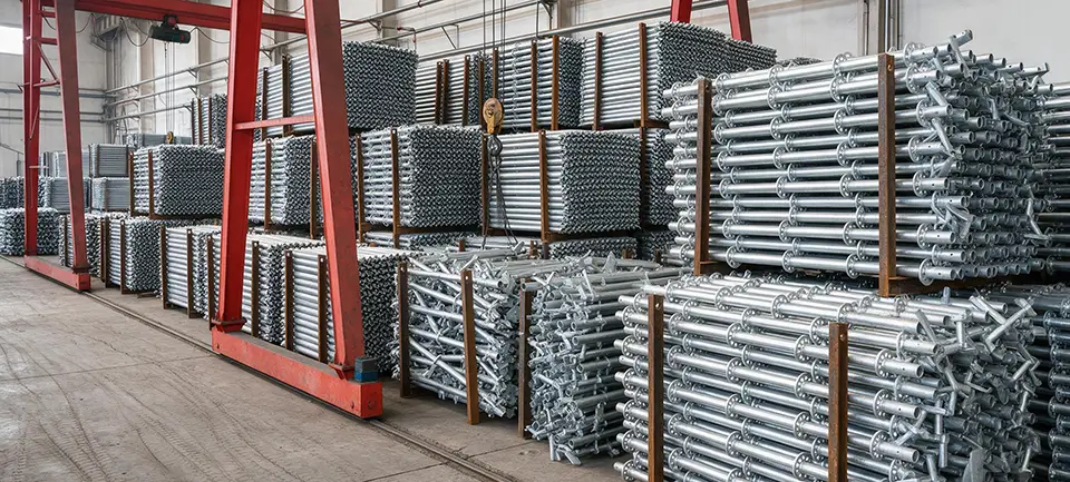 Galvanized ringlock scaffolding standards stored in racks
