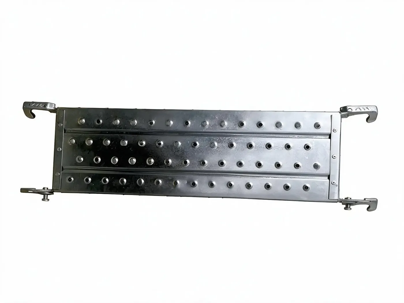 Ringlock steel plank with hooks and anti-slip perforations