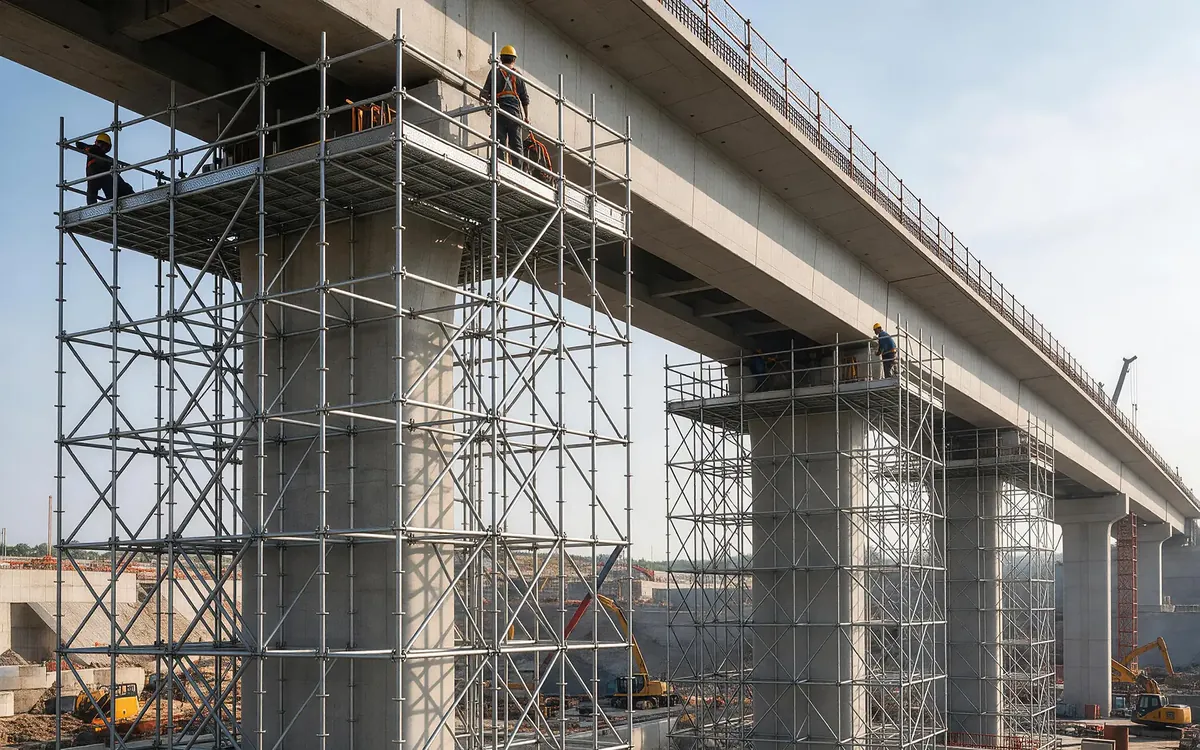 Ringlock scaffolding towers for a cross-river bridge construction project