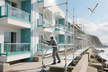 Use scaffolding for exterior wall renovation