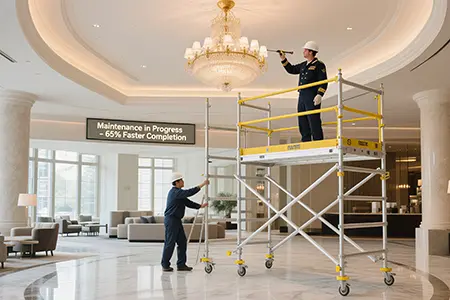 The hotel uses scaffolding to repair chandeliers.